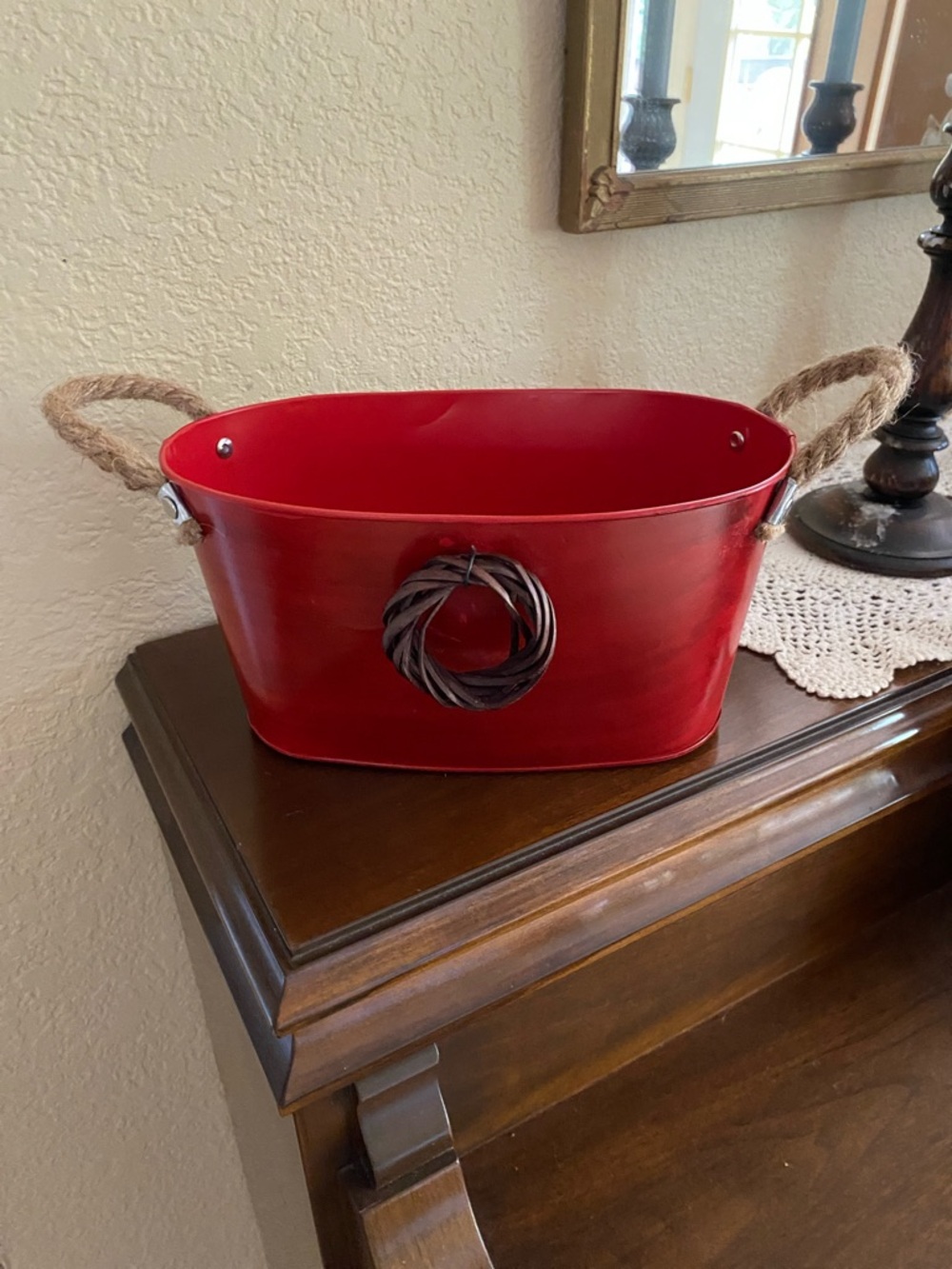 Red Decorative Rope-Handled Metal Basket - Home Accents